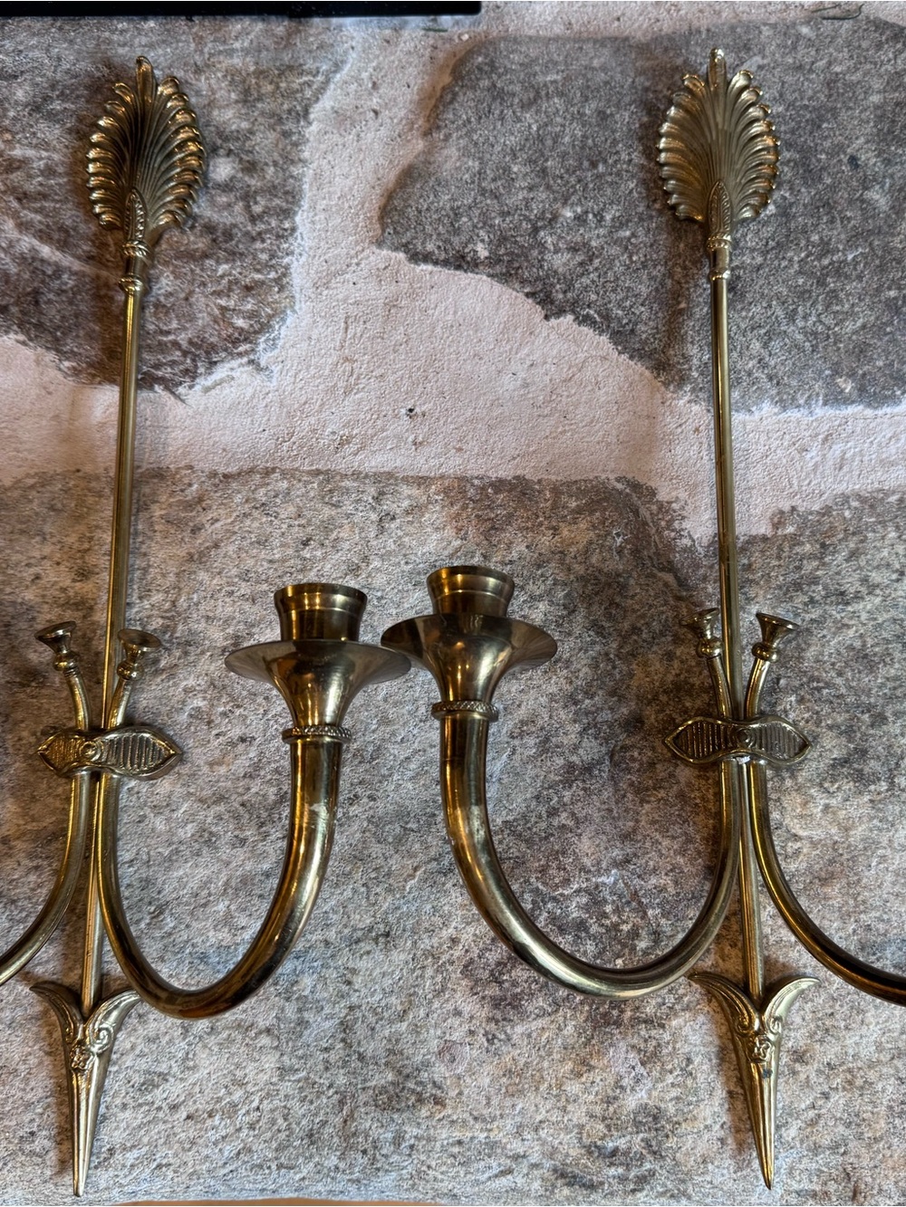 Pair Vintage Brass Wall Candle Holder Sconces Double Arm Hollywood Regency